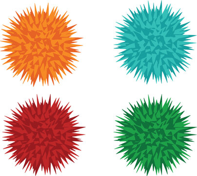 Set of four colorful sea urchins in orange, teal, red, and green isolated on white background.