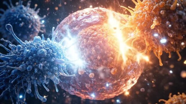 Cell explosion with energy burst, biological reaction, medical science, dynamic microbiology concept.