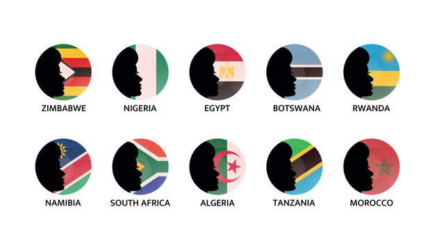 Africa national flags vector icons. African countries identity, nationality, diversity profile clip arts for web design, presentation, infographics, web elements. Namibia, Egypt, Nigeria and more