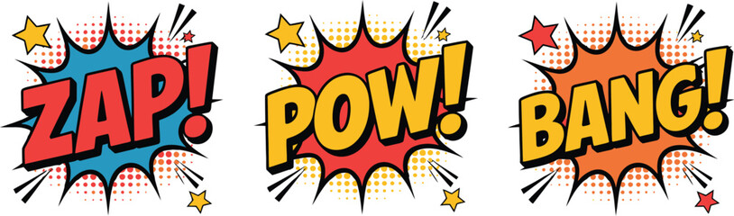 Comic sound effects vector illustration set, colorful zap pow bang text in speech bubbles for dynamic cartoon action graphics and pop art design use. © Neal Bailey