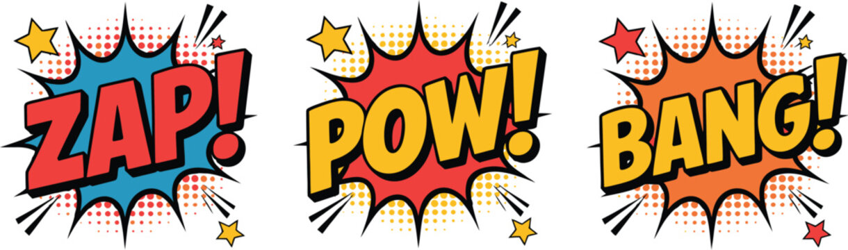 Comic sound effects vector illustration set, colorful zap pow bang text in speech bubbles for dynamic cartoon action graphics and pop art design use.