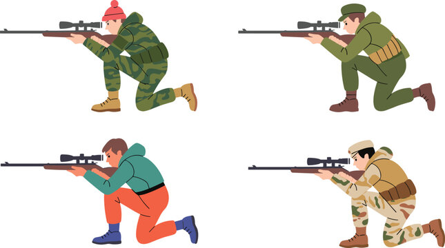 Shooter illustration showing kneeling rifle positions with diverse tactical clothing and gear design