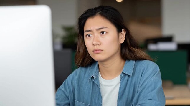 Kazakh employee is procrastinating on the workplace: not sure how to complete the task. Intern in the office. Tajik zoomer is increasing their skills