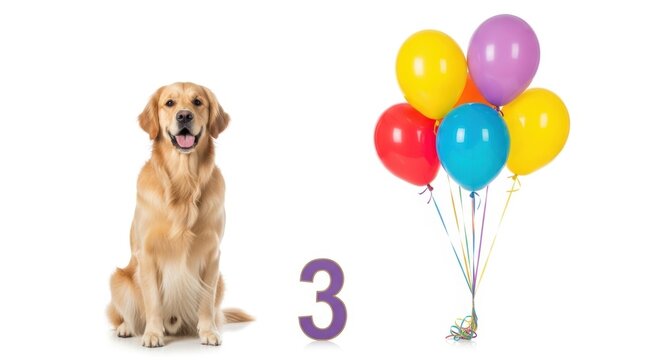 Golden Retriever dog with colorful birthday balloons and number 3, happy purebred puppy celebrating third anniversary, pet birthday party concept
