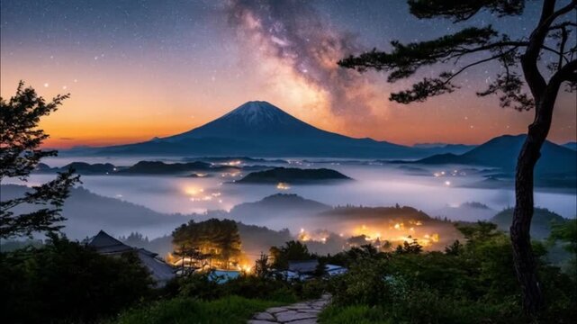 Mountain landscape with foggy valley at sunrise.