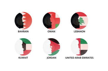Fototapeta premium Middle East national flags vector icons. Arab countries identity, nationality, diversity profile clip arts for web design, presentation, infographics, web elements. Bahrain, Oman, Lebanon and more