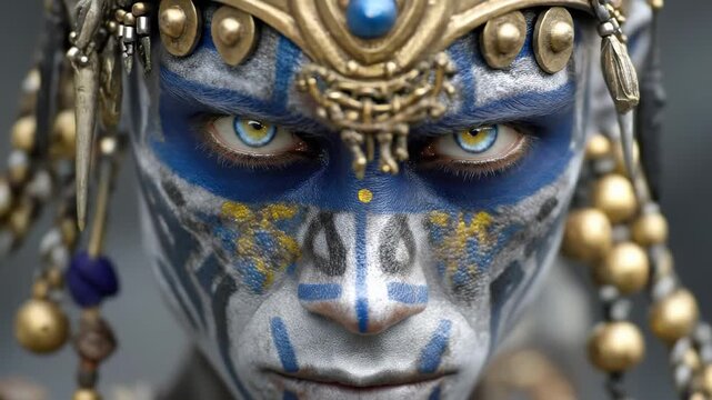 Mesoamerican Mayan civilization, ancient culture, warrior face paint, ornate ceremonial headdress, powerful gaze, traditional adornment, indigenous heritage, historical theme