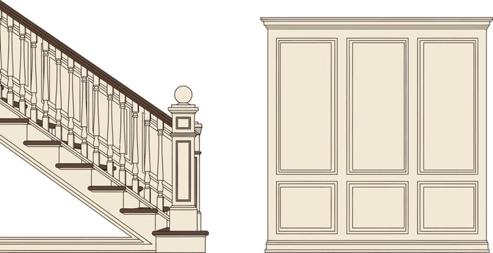 Classic wooden staircase with elegant banister and matching wall paneling architectural vector illustration for interior design and home renovation projects