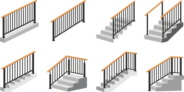 Isometric stairs railing set with metal balustrade and wooden handrail for architectural design and construction visualization vector illustration collection
