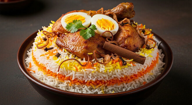 traditional nasi lemak with fried chicken, boiled eggs, and sambal on banana leaf bowl, asian breakfast concept