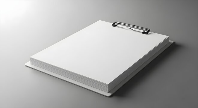 Clipboard with stack of blank white paper on grey background