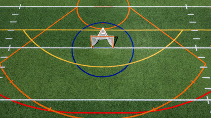 Aerial view of a multi-purpose athletic turf field featuring a lacrosse goal within a blue circular crease and overlapping colored lines for different sports.  Lacrosse, Soccer, Field Hockey, Football © Thomas