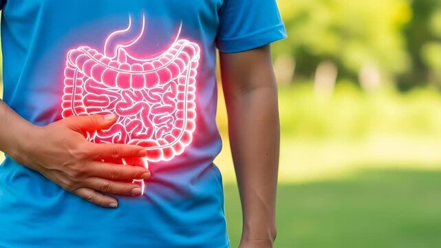 Intestinal disease, abdominal pain, digestive illness, human gut discomfort, medical condition, gastrointestinal disorder, person with internal pain, glowing red organs