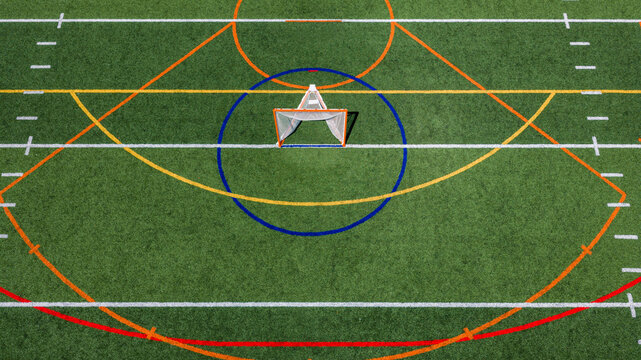Aerial view of a multi-purpose athletic turf field featuring a lacrosse goal within a blue circular crease and overlapping colored lines for different sports.  Lacrosse, Soccer, Field Hockey, Football