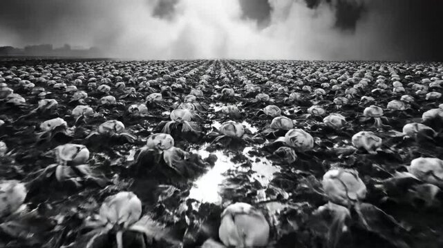 Monochromatic aerial view of a harvested cabbage field with rows stretching toward a cloudy horizon in black and white