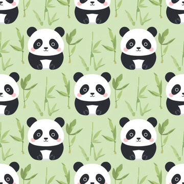 Cute panda seamless pattern with bamboo leaves 
