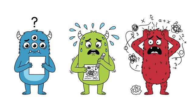Funny cartoon monsters showing confusion, anxiety, and overwhelm. Characters depict mental blocks, creative struggle, and task stress.