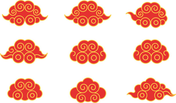 Set of nine traditional red and gold auspicious cloud designs isolated on a white background.