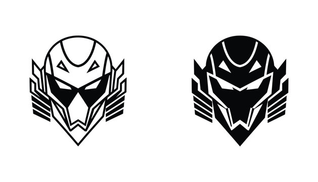 Sci-fi futuristic warrior helmet icon set featuring detailed visor and mechanical armor elements in minimalist vector style