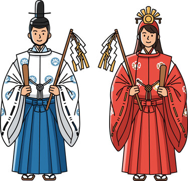 Japanese Shinto Ceremonial Figures in Traditional Robes with Ritual Objects and Paper Streamers