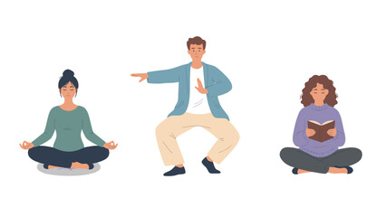 Obraz premium Mindful activities: people meditating, practicing Tai Chi, and reading for relaxation and wellness