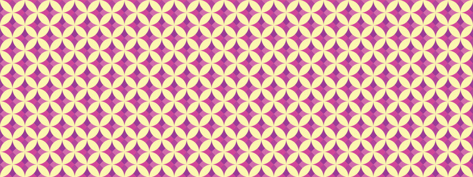 Elegant seamless geometric pattern featuring interconnected white circular petals with pink and purple textured accents. Modern abstract repeating vector background suitable for wallpaper, textile pri