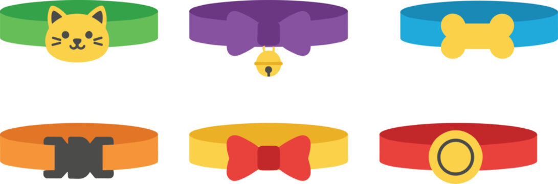 Set of six colorful pet collars for cats and dogs including various tags and bows isolated on white background.