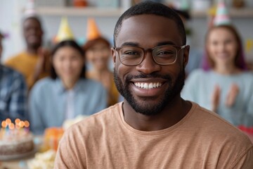 Fototapeta premium Man smiling at birthday party with friends in living room