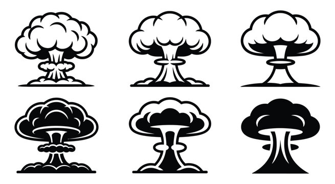 Six stylized depictions of mushroom clouds representing nuclear explosions vector illustration set, dramatic abstract concept showing blast impact shockwave destruction power and historical warfare 