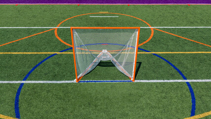 Aerial view of a multi-purpose athletic turf field featuring a lacrosse goal within a blue circular crease and overlapping colored lines for different sports.  Lacrosse, Soccer, Field Hockey, Football © Thomas