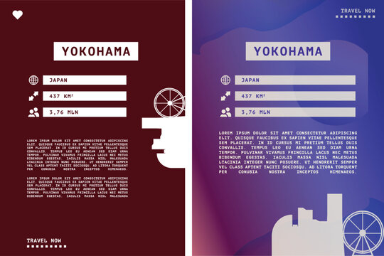 Yokohama, Japan poster, page design template with city information data and text areas. Travel marketing and tourism infographic concept for brochures, web design