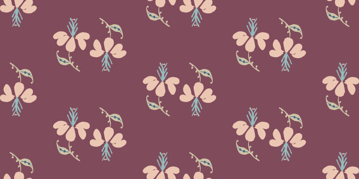 Folk floral seamless pattern on burgundy background.
