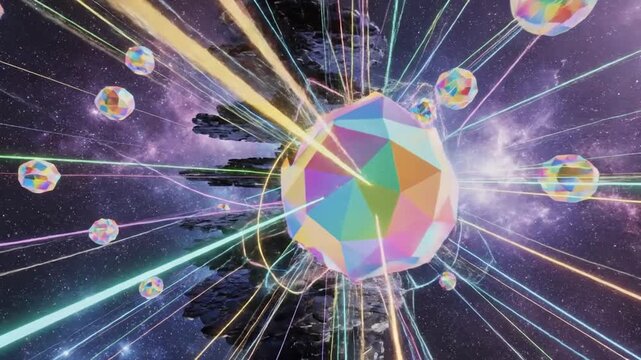 Abstract Space Travel Through Dark Rocks With Floating Geometric Orbs