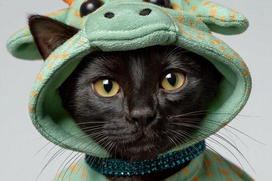 Black cat posing in mint patterned hooded costume in studio