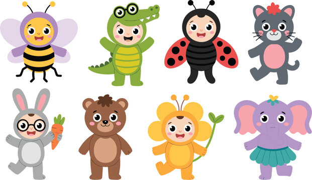 Cute cartoon animal characters vector illustration set, kids nursery collection, bear bunny elephant bee crocodile ladybug flat design