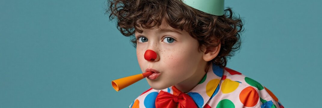 Child wearing polka dot clown outfit blowing party blower in studio