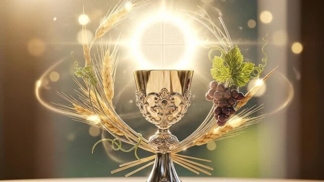 Sacred Eucharistic Symbol: Corpus Christi, divine body, holy blood, Christ feast, communion bread, chalice cup, wheat grain, grape fruit, blessed ritual, spiritual light.