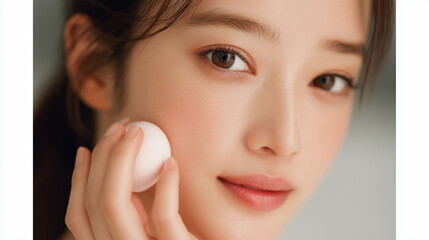 Obraz premium 朝のメイクアップでファンデーションをなじませる女性のやさしい日常美容シーン