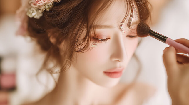 挙式当日の朝、ウェディングドレス姿でヘアメイクを受ける幸せそうな新婦の美しい準備風景