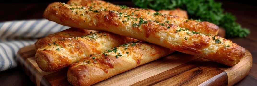 Cheese topped breadsticks arranged on wooden cutting board