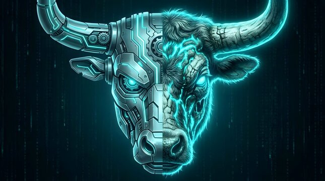 Split screen bull head showing mechanical robot and organic fur side.