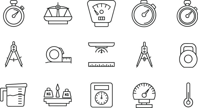 Measurement and weighing line icon set with scales, stopwatch, thermometer, ruler, and tools, minimal outline vector collection for science, fitness, and precision concepts