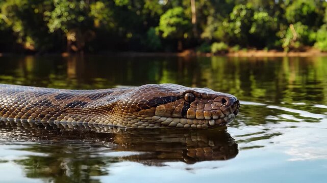 Giant anaconda snake swimming in tropical river water in the jungle wildlife scene