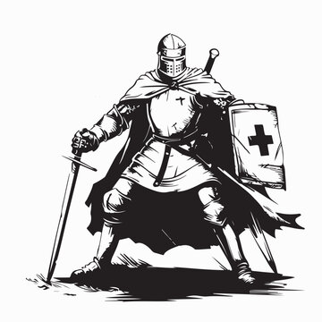 Knight Hospitaller In Action With Sword Medieval Crusader Vector Illustration