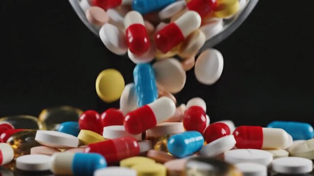 Different pills fall on black background in slow motion during a close-up shot showing various shapes and colors at any time