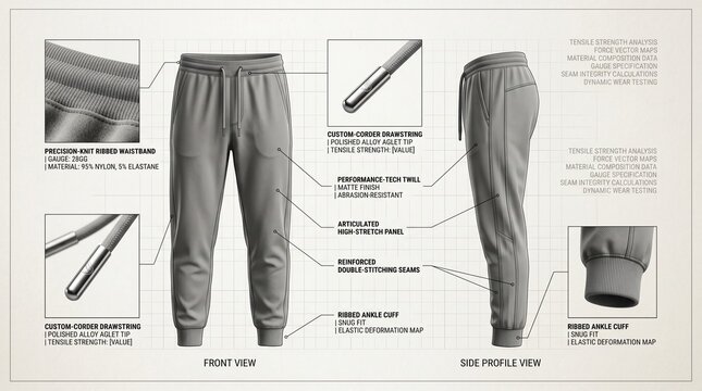 Product technical data sheet for performance joggers including waistband, drawstring, and fabric details.