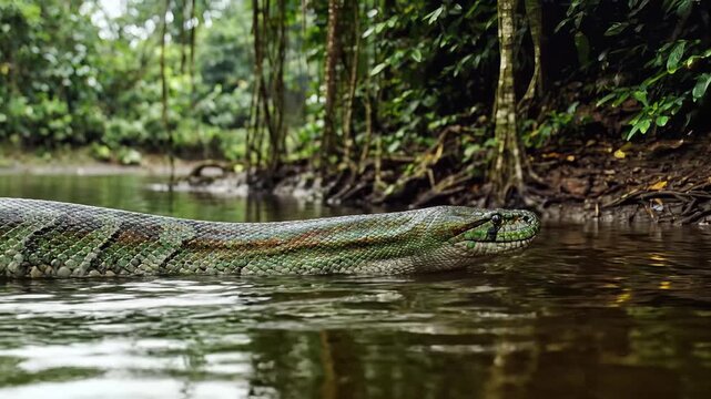 Giant Green Anaconda Swimming Through Amazon Rainforest River Water