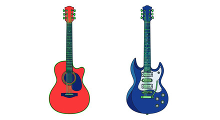 Naklejka premium Acoustic and Electric Guitars Side by Side, Music Instruments Collection