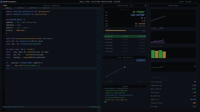 Real Time Geolocation Processing System Display with Code and Data Visualization