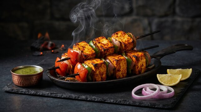 Steaming Paneer Tikka skewers, a delicious Indian grilled appetizer with cheese and vegetables, served hot on a sizzler plate with mint chutney and lemon.